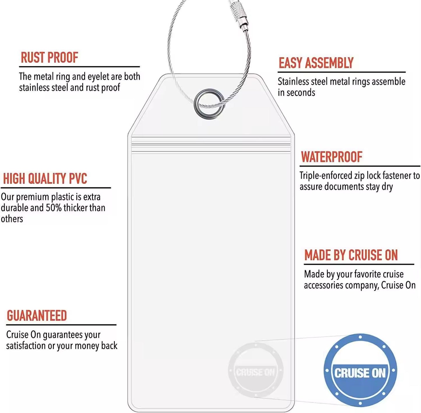 4 Pack - Cruise Clear Luggage Tag Holders with steel loop & zip seal