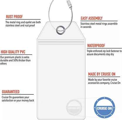 4 Pack - Cruise Clear Luggage Tag Holders with steel loop & zip seal